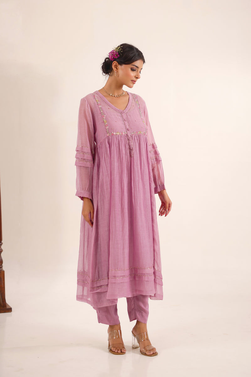 Lilac pleated sleeve kurta set