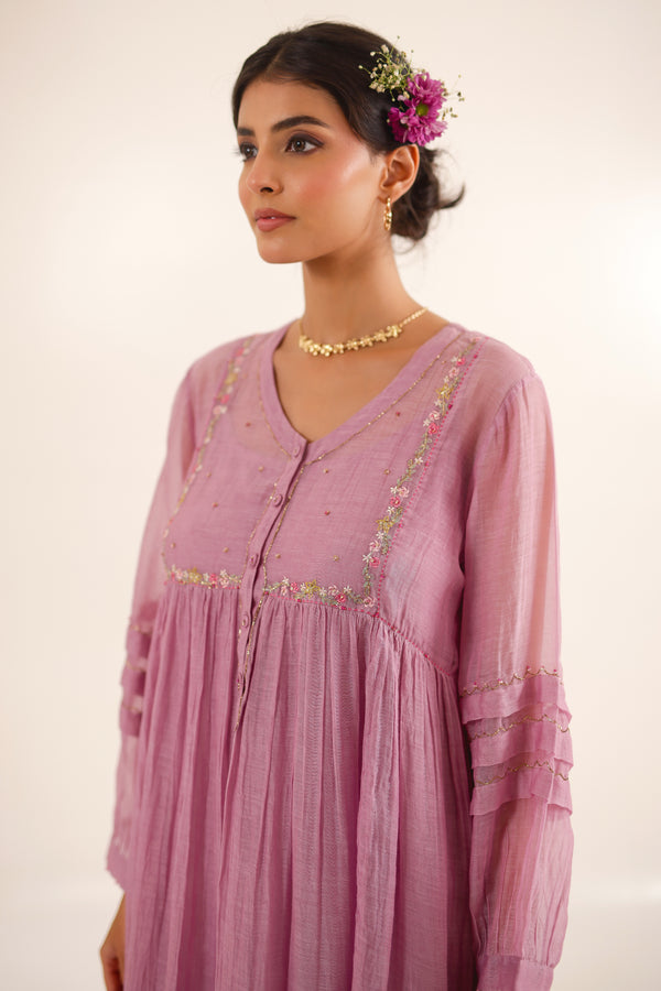 Lilac pleated sleeve kurta set
