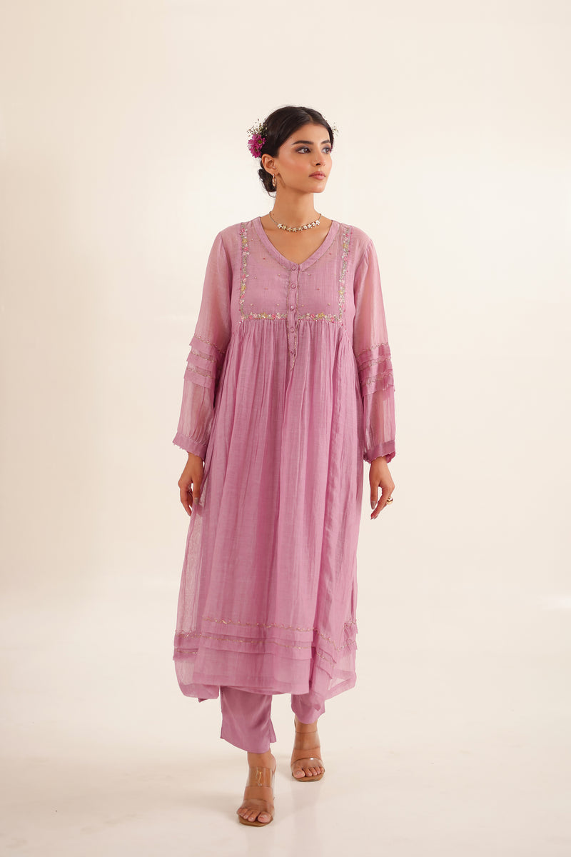Lilac pleated sleeve kurta set