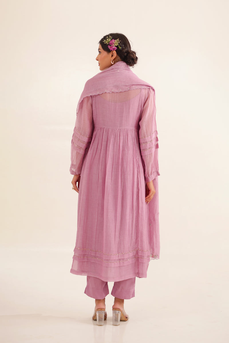 Lilac pleated sleeve kurta set