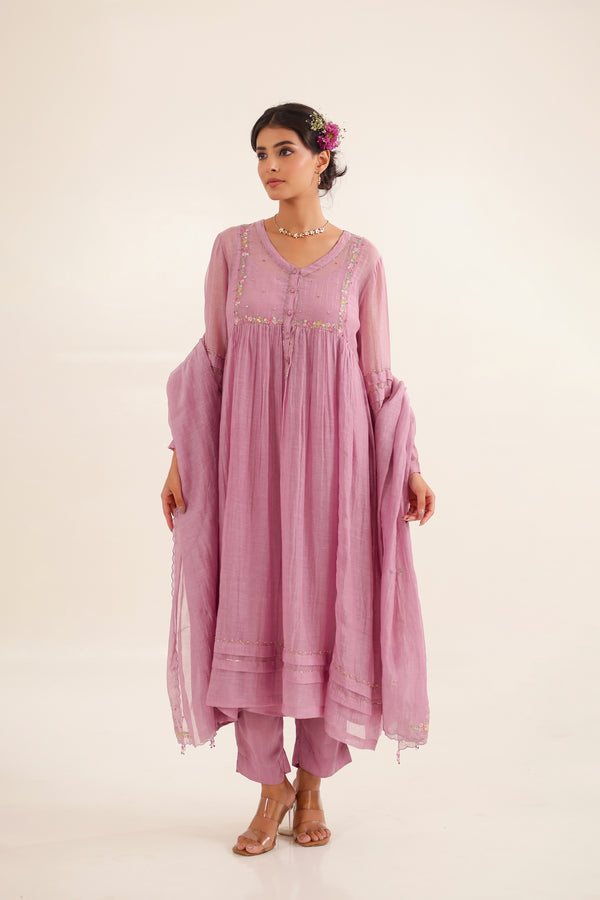 Lilac pleated sleeve kurta set