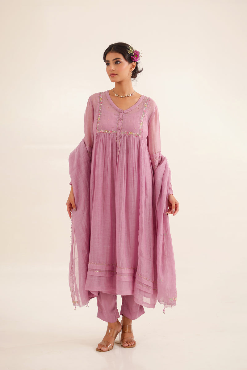 Lilac pleated sleeve kurta set