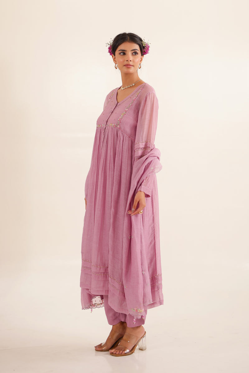 Lilac pleated sleeve kurta set