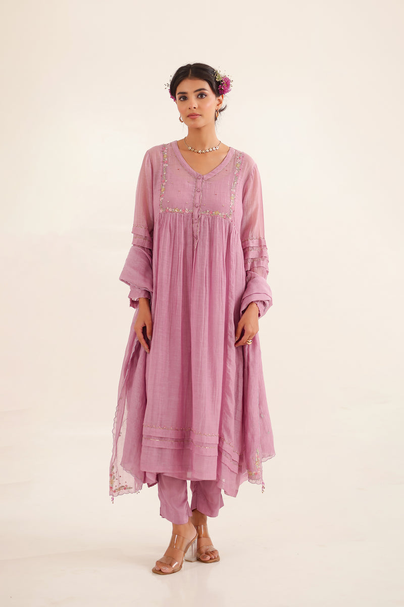 Lilac pleated sleeve kurta set
