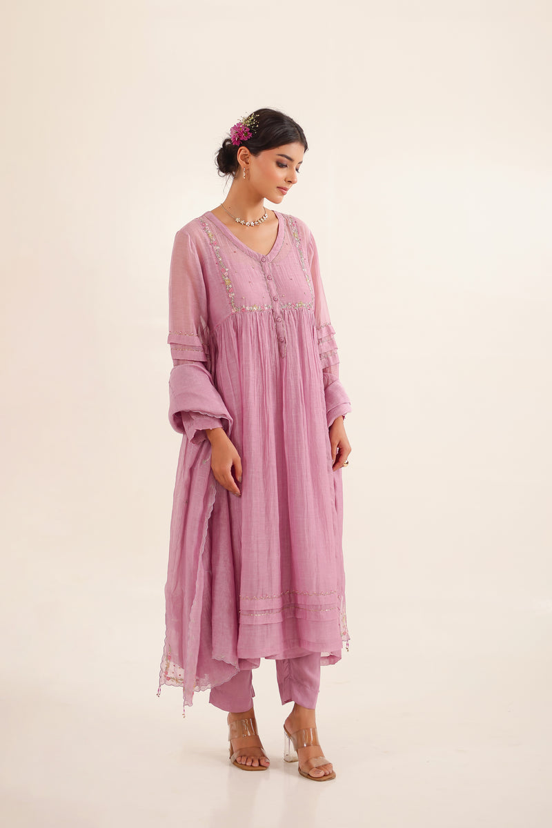 Lilac pleated sleeve kurta set