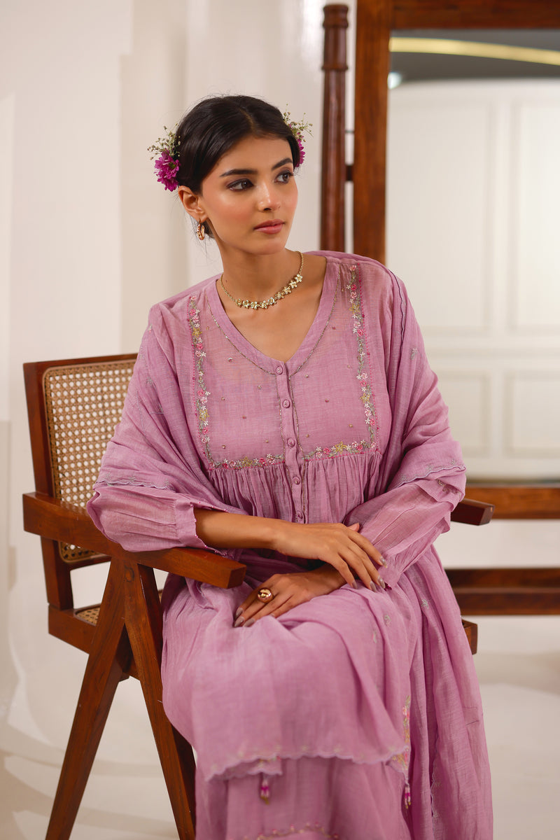Lilac pleated sleeve kurta set