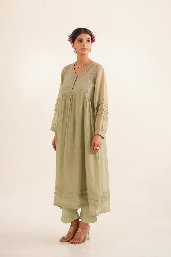 AQUA GREEN PLEATED SLEEVE DRESS SET