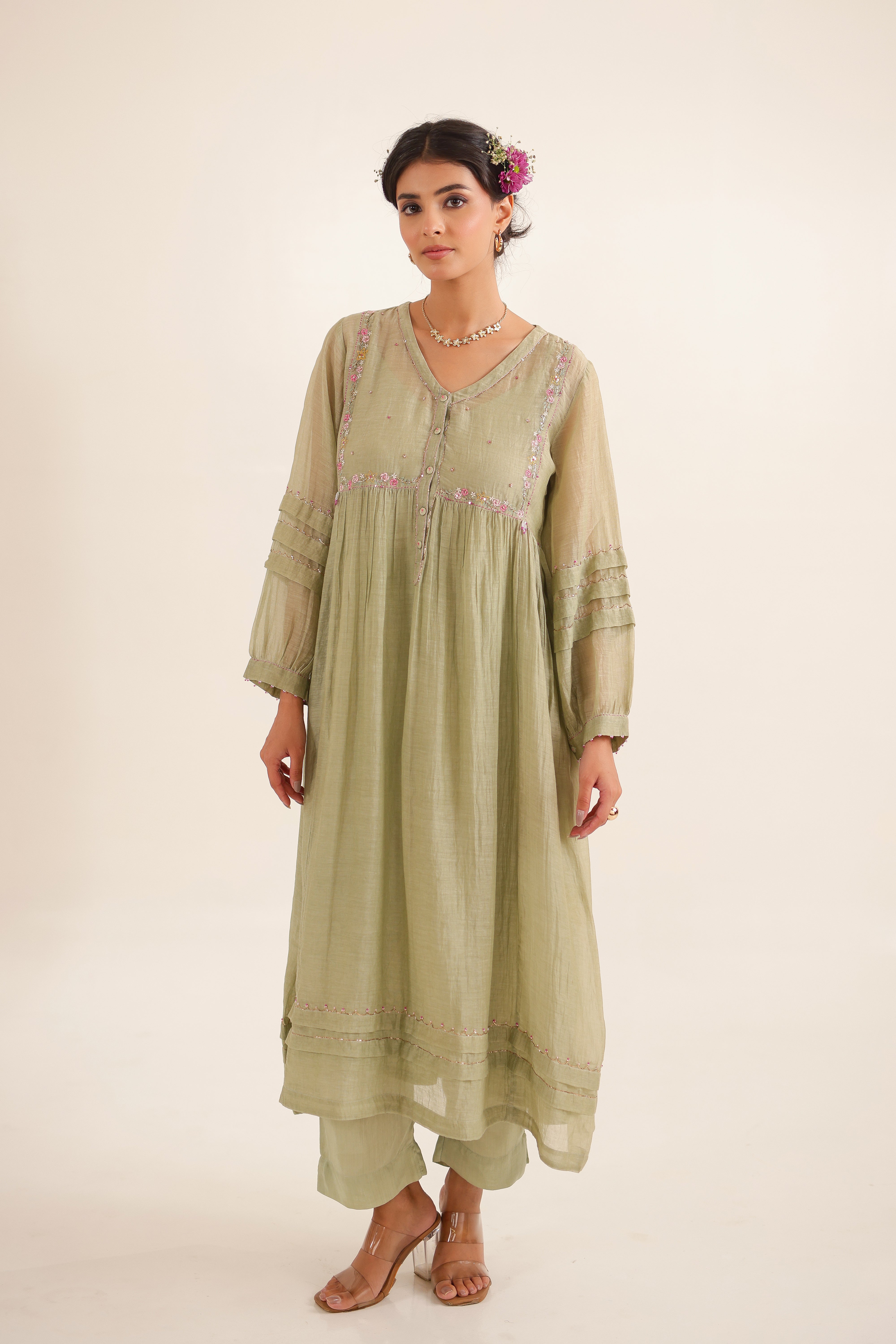 Aqua green pleated sleeve suit set