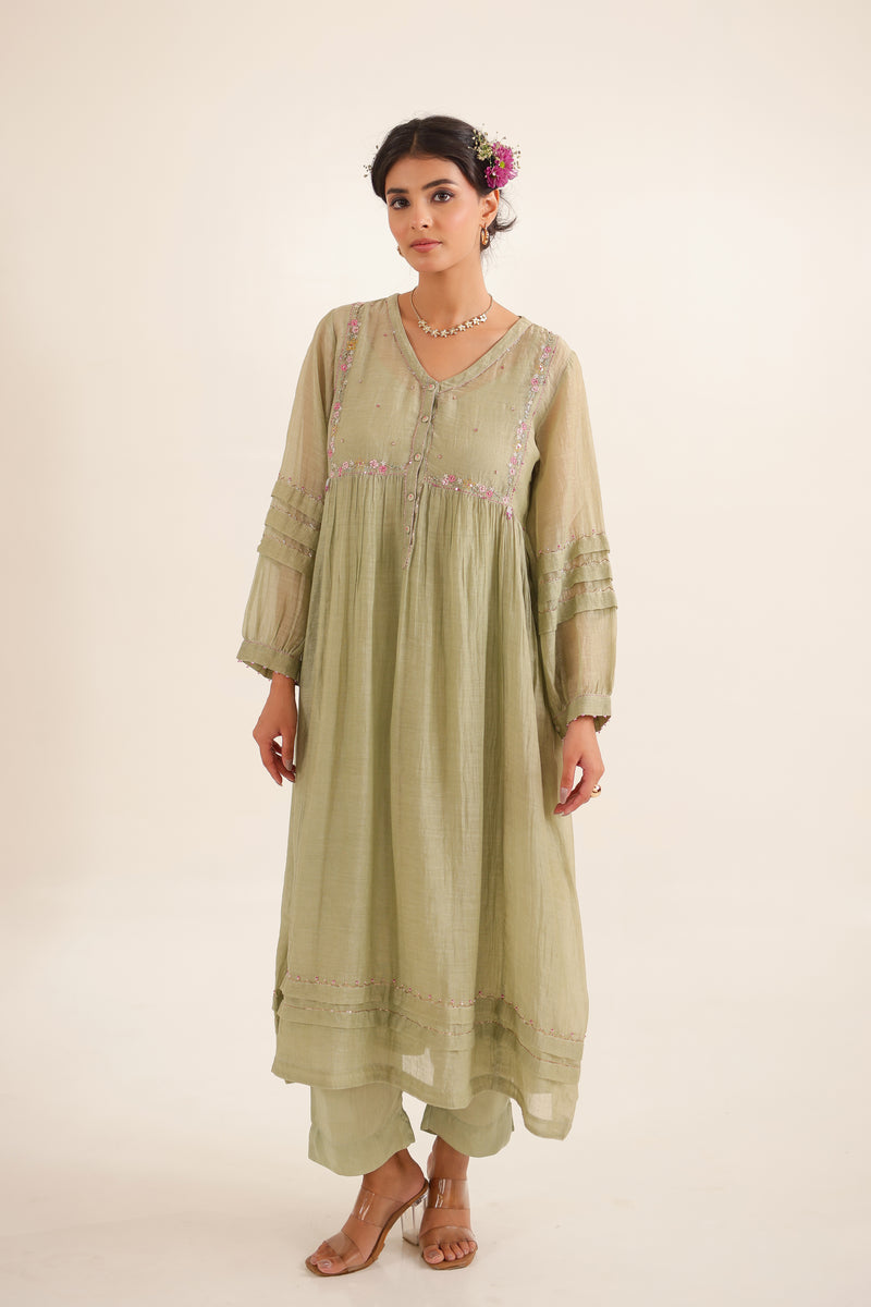 AQUA GREEN PLEATED SLEEVE DRESS SET