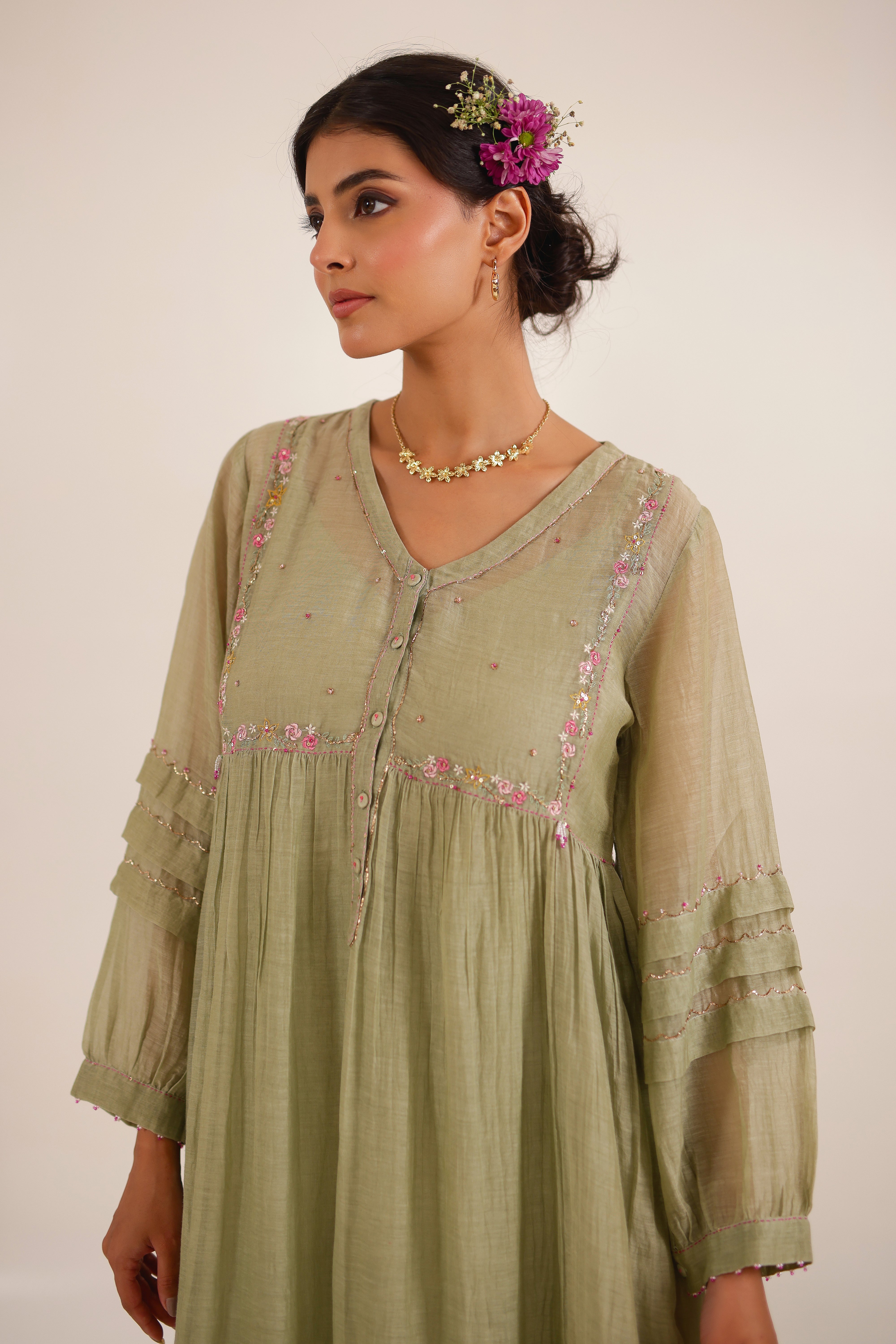Aqua green pleated sleeve suit set