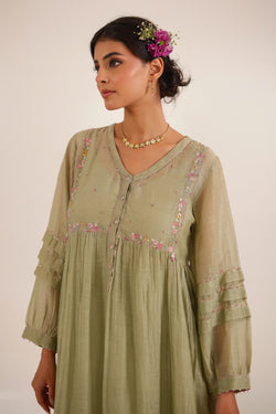 AQUA GREEN PLEATED SLEEVE DRESS SET