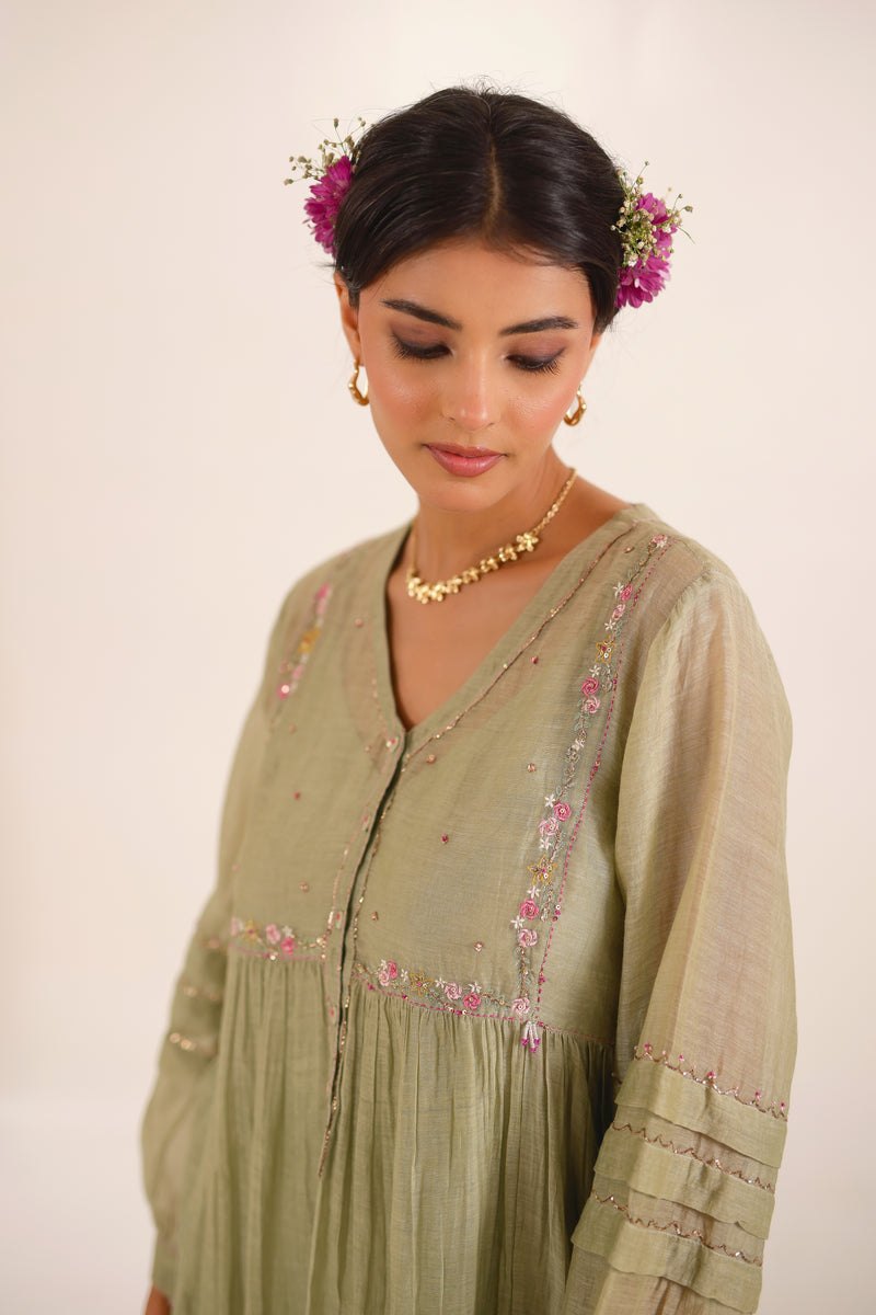 AQUA GREEN PLEATED SLEEVE DRESS SET