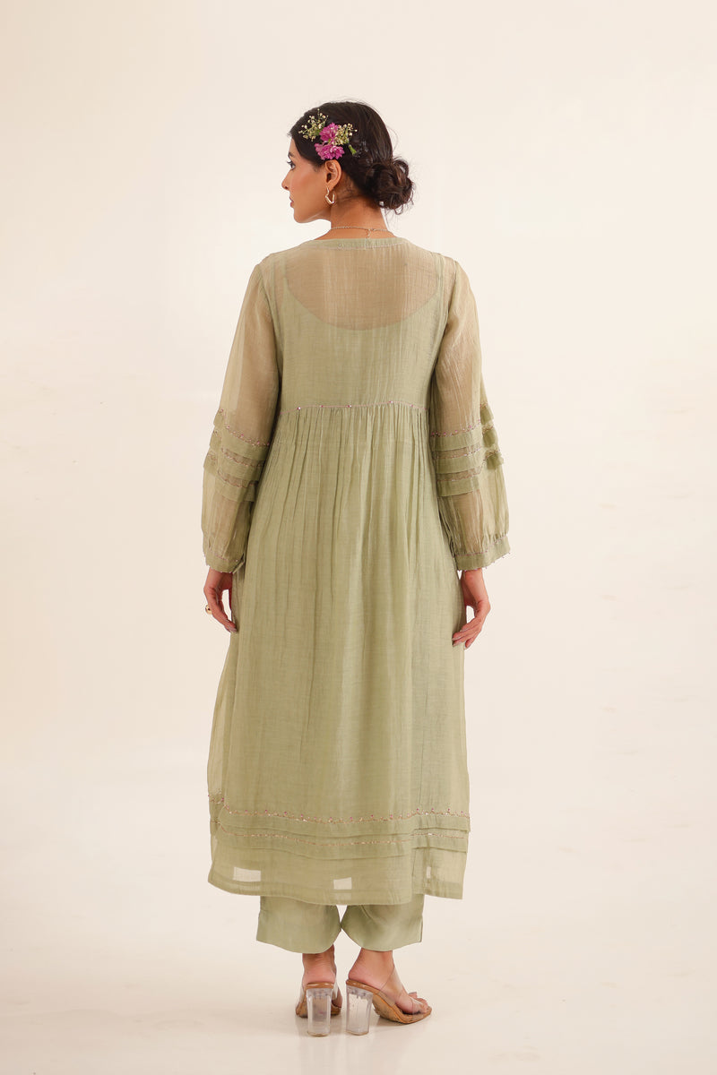AQUA GREEN PLEATED SLEEVE DRESS SET