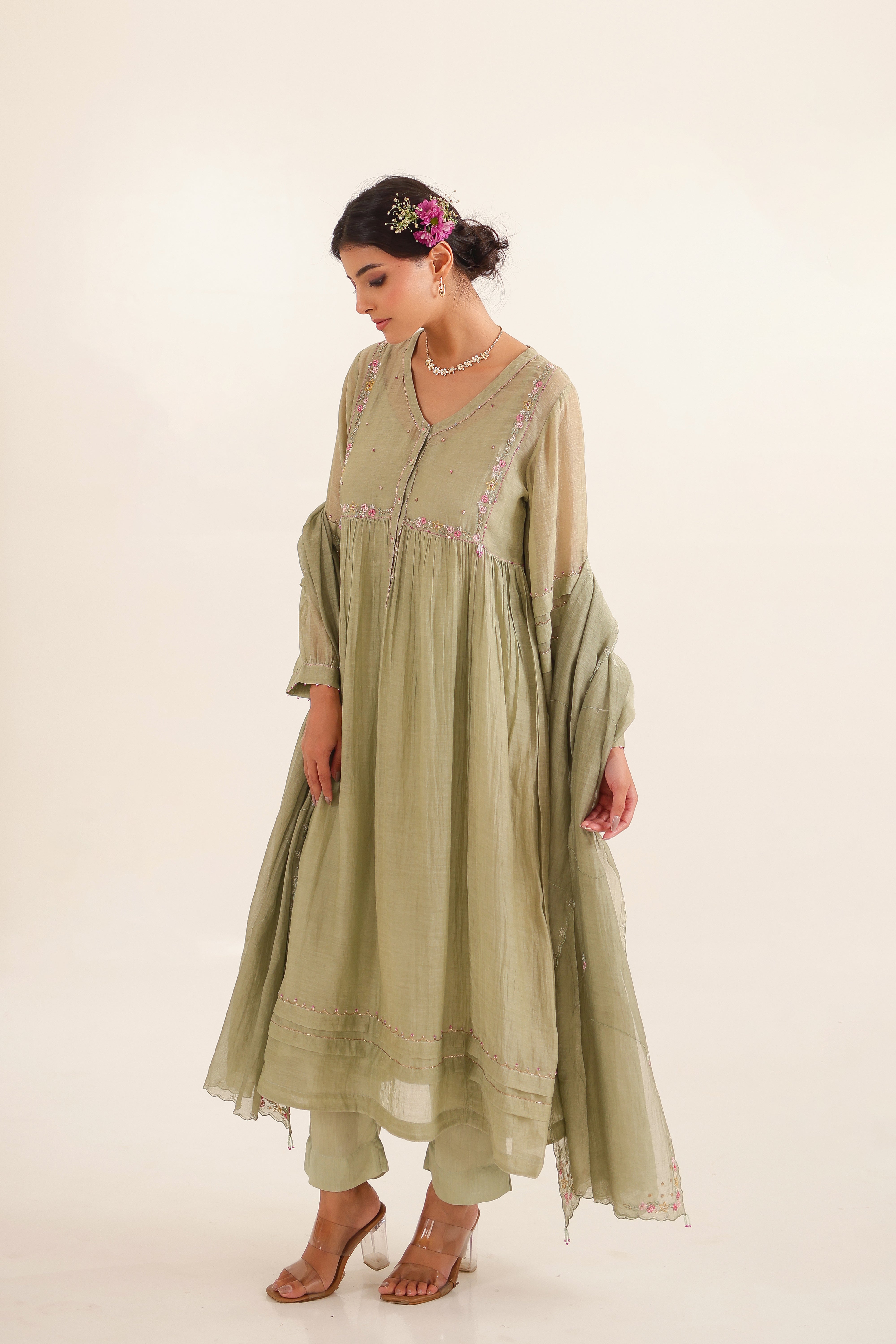 Aqua green pleated sleeve suit set