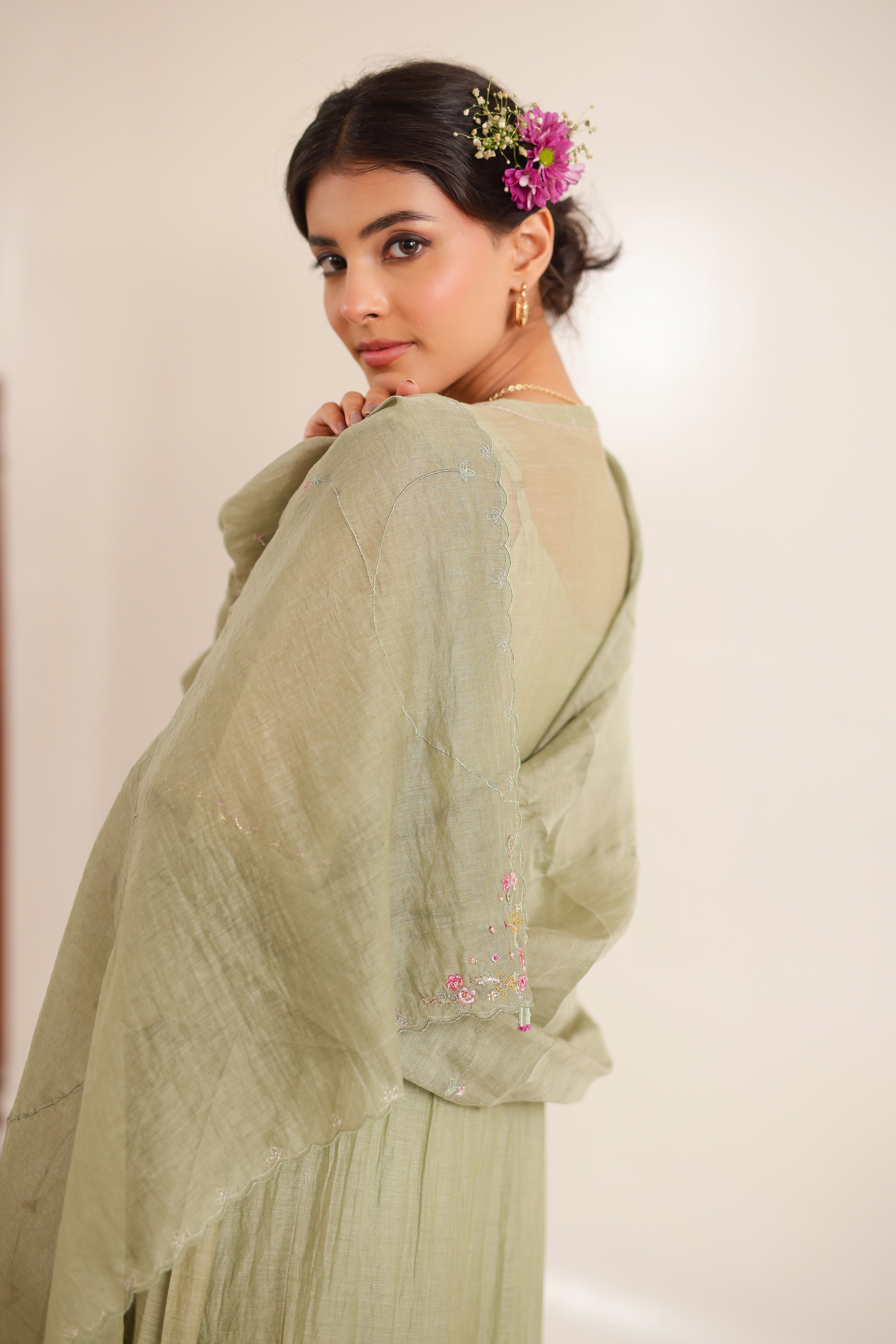 Aqua green pleated sleeve suit set