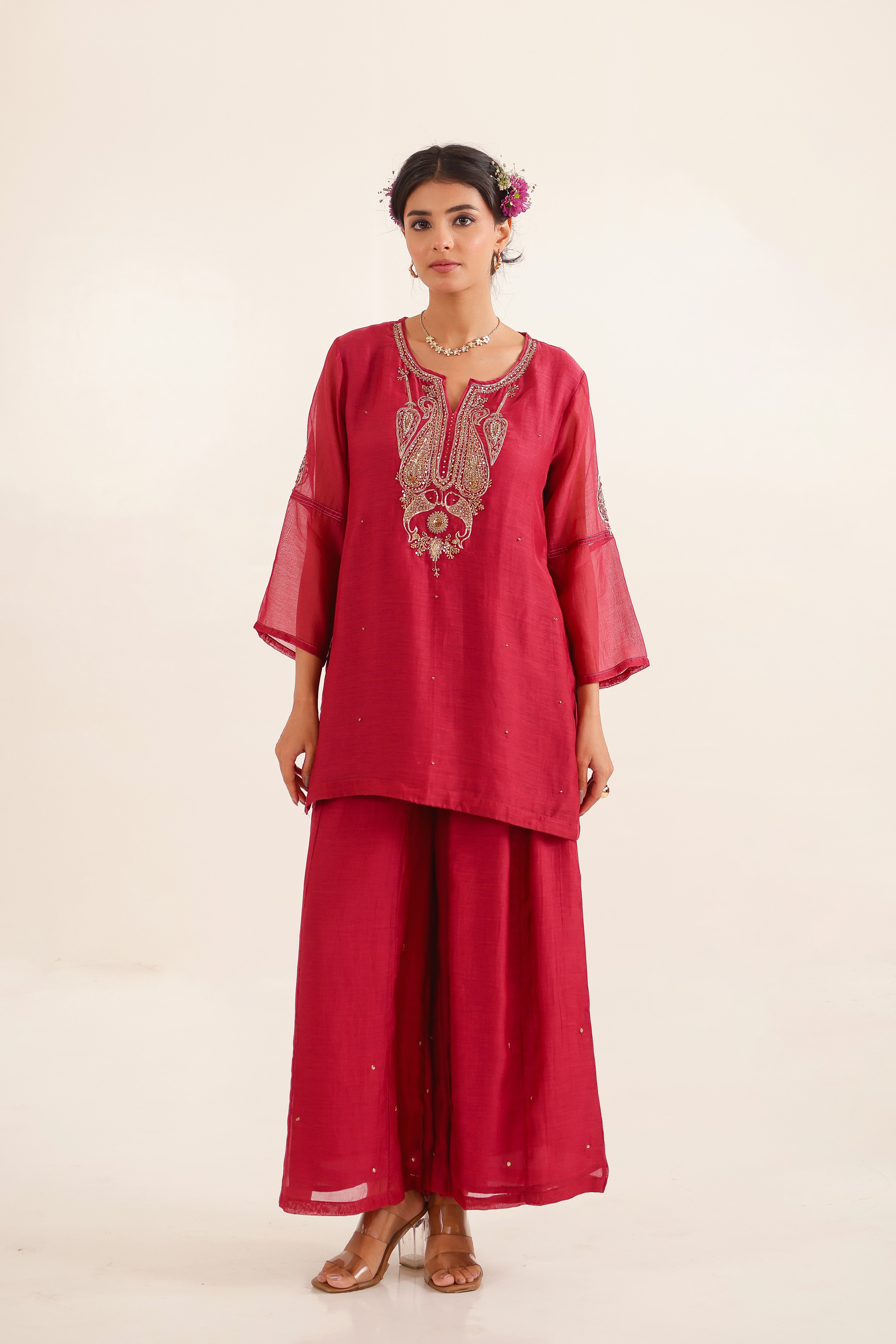 Red Meena Zardosi top and palazzo set