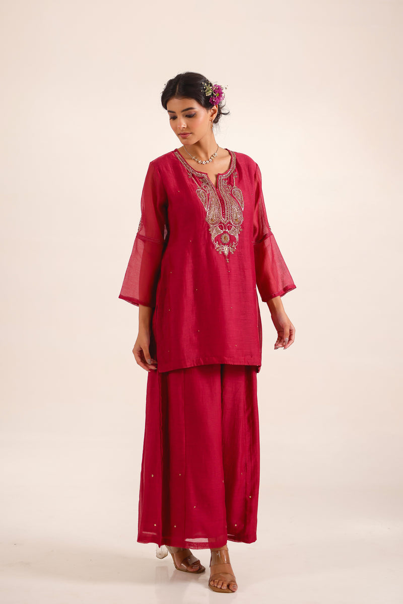 Red Meena Zardosi top and palazzo set