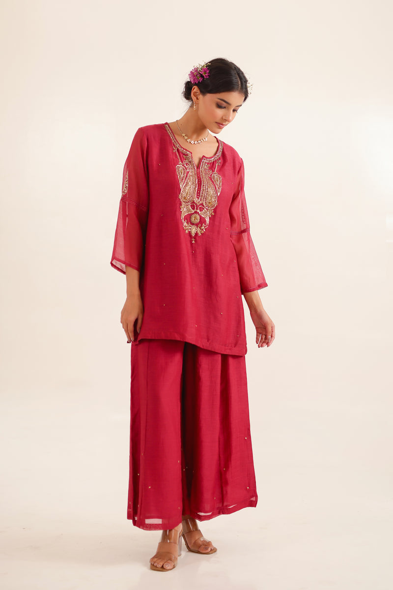 Red Meena Zardosi top and palazzo set