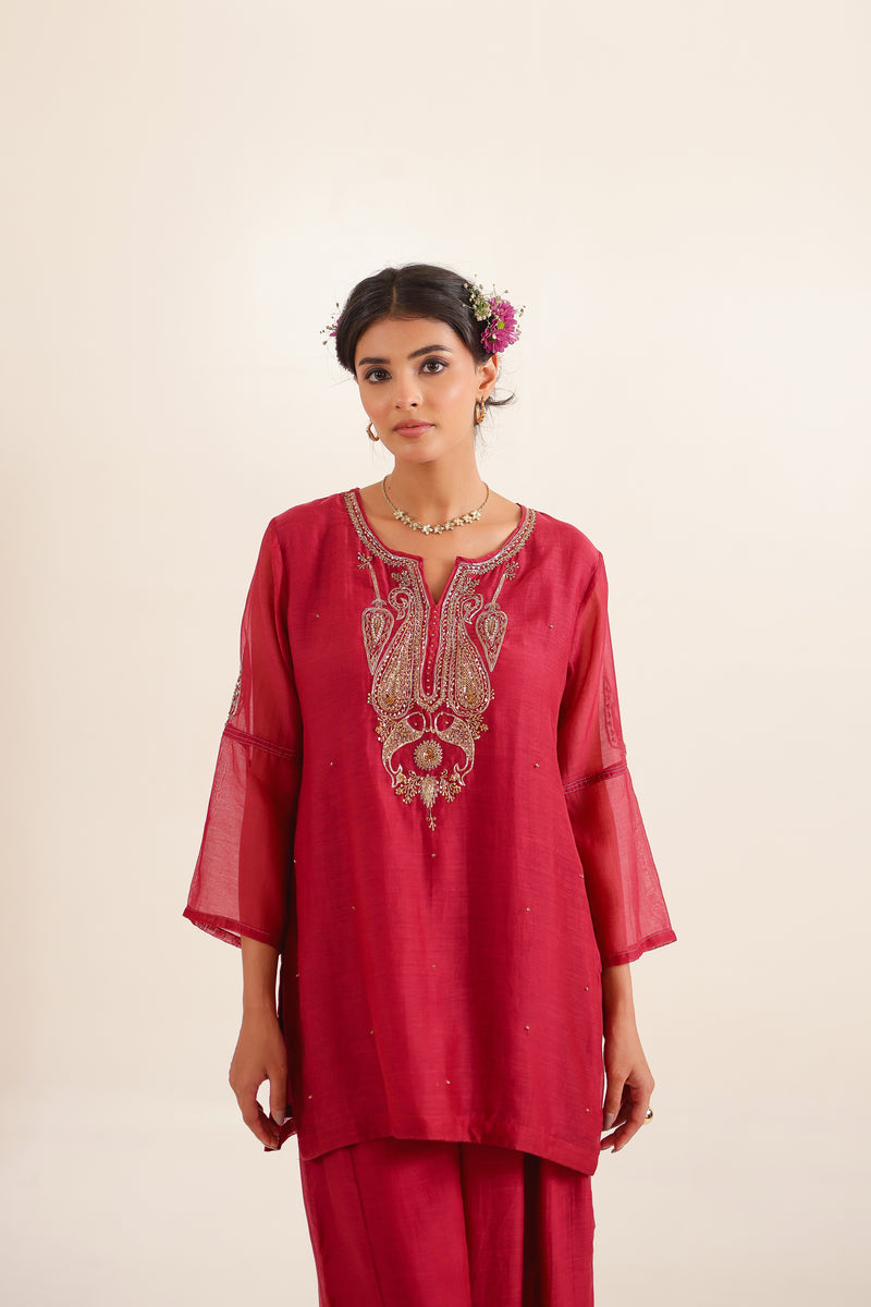 Red Meena Zardosi top and palazzo set