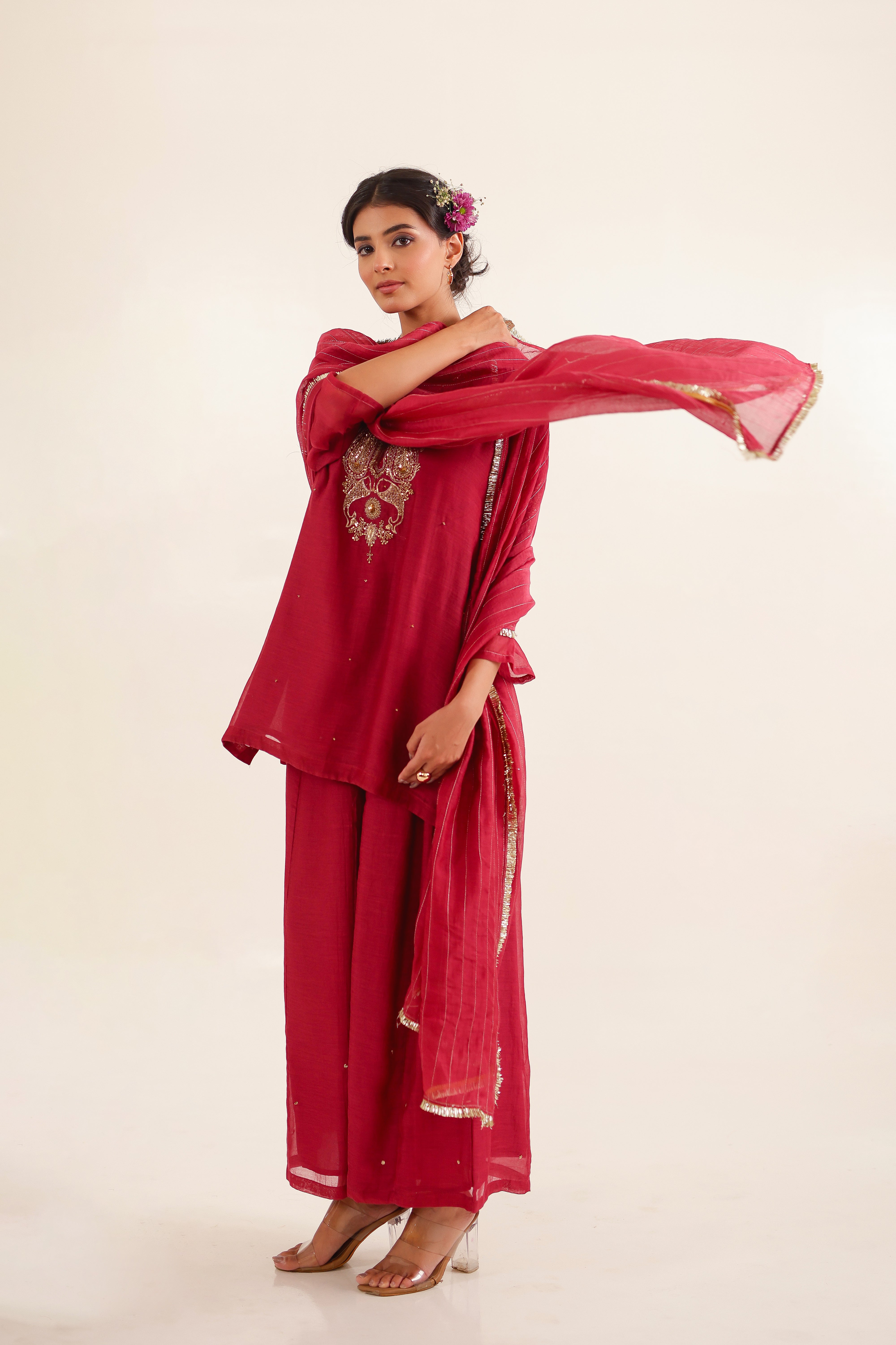 Red Meena Zardosi top and palazzo set