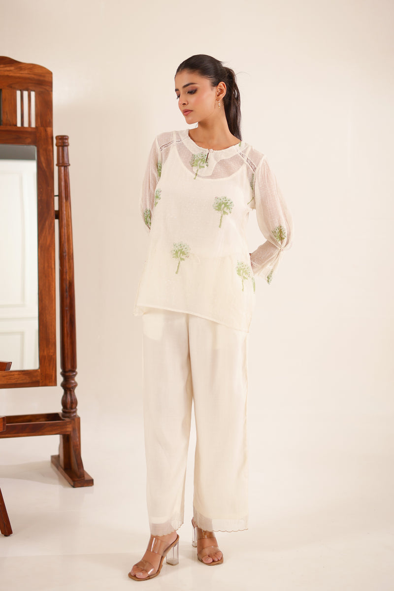 White Green Block Print Top And PALAZZO