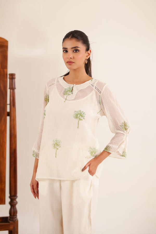 White Green Block Print Top And PALAZZO