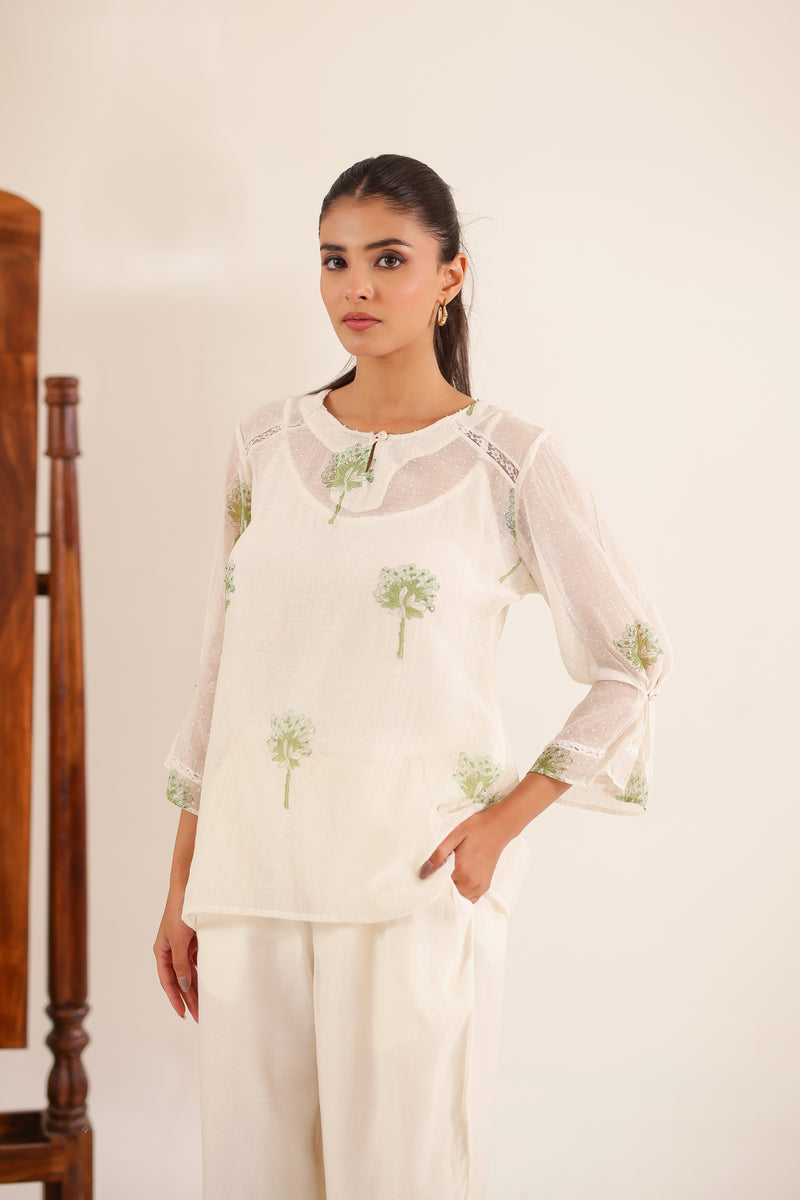 White Green Block Print Top And PALAZZO