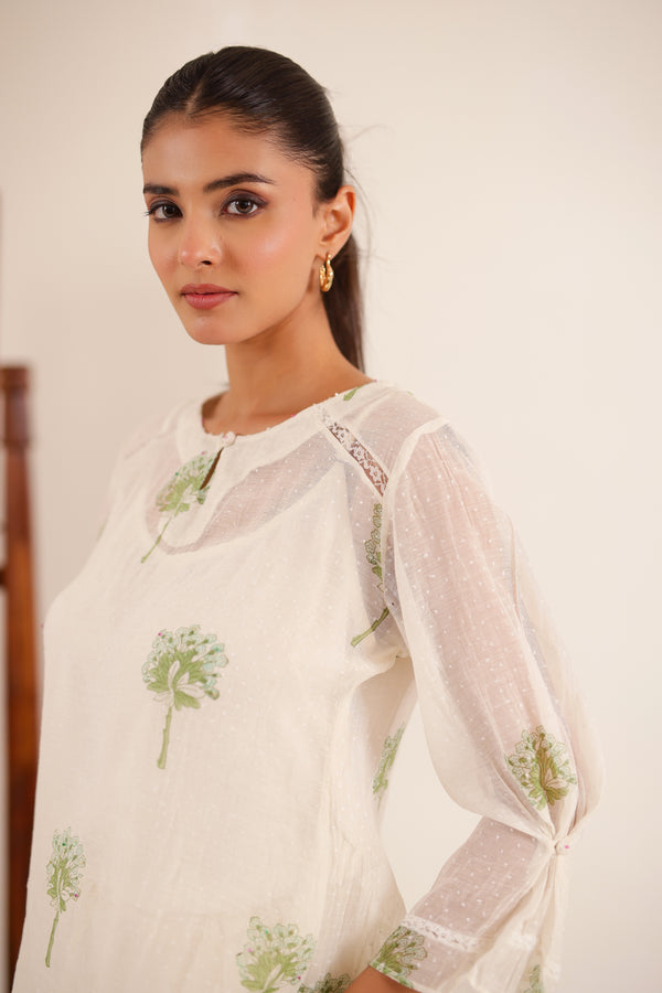 White Green Block Print Top And PALAZZO