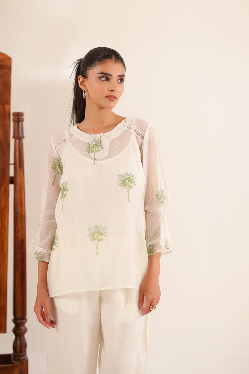 White Green Block Print Top And PALAZZO