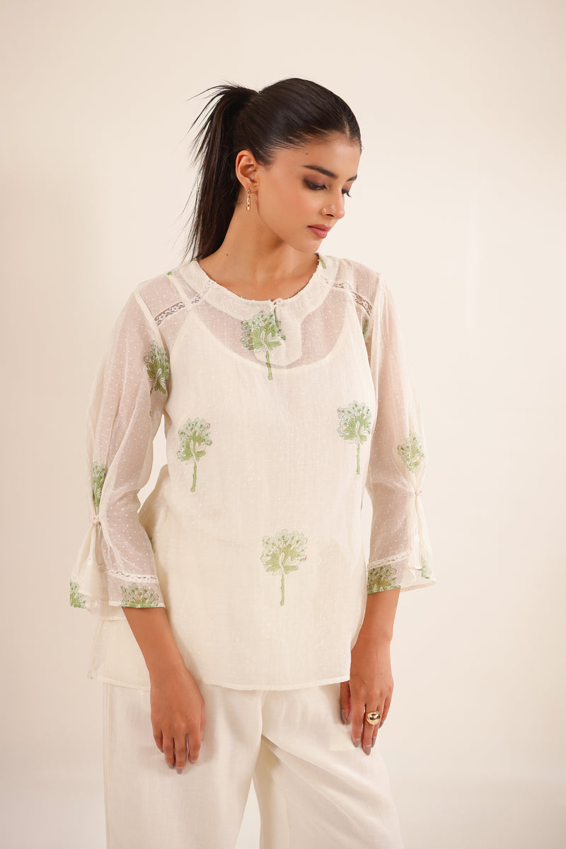 White Green Block Print Top And PALAZZO