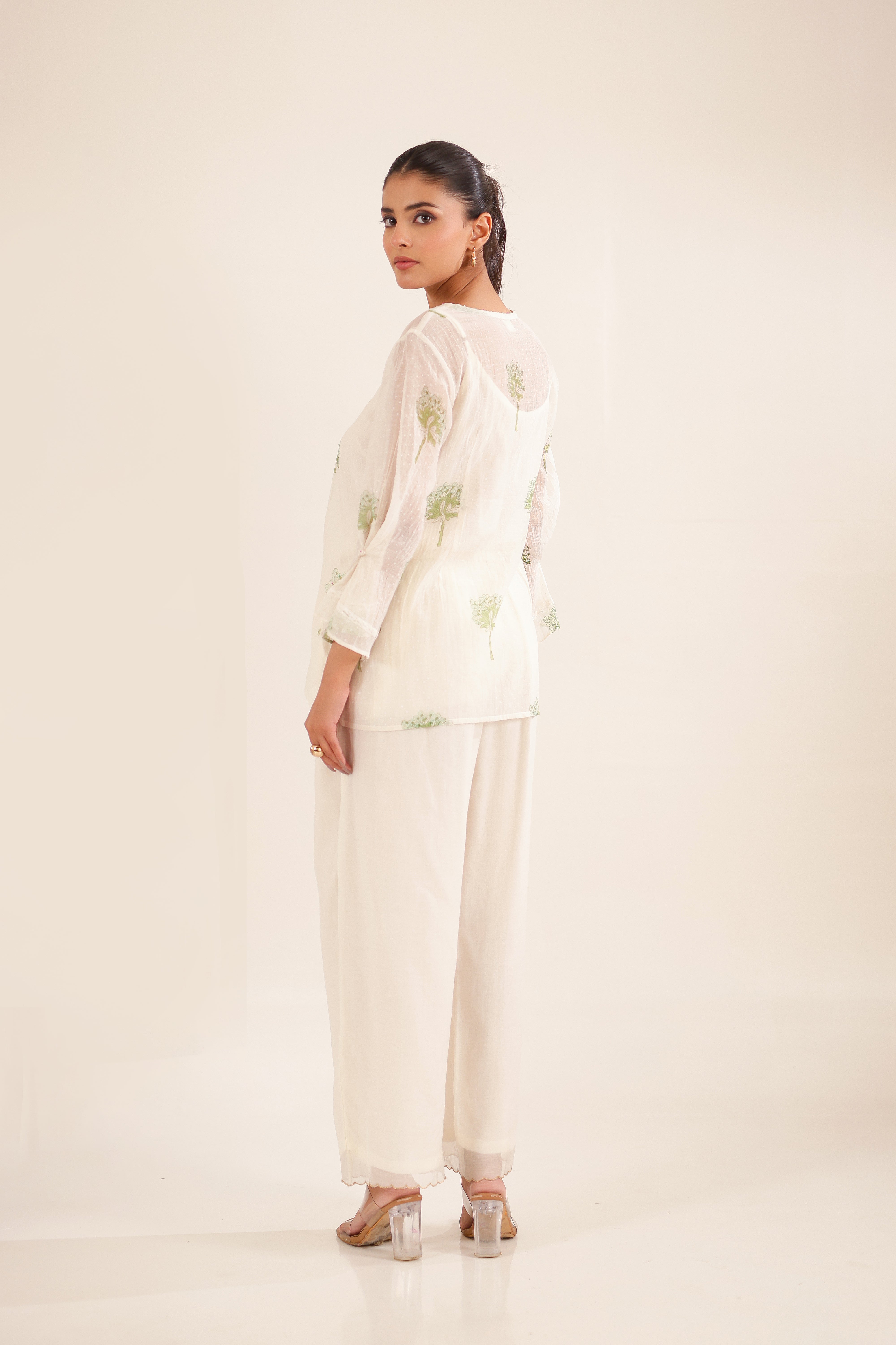 White Green Block Print Top And PALAZZO