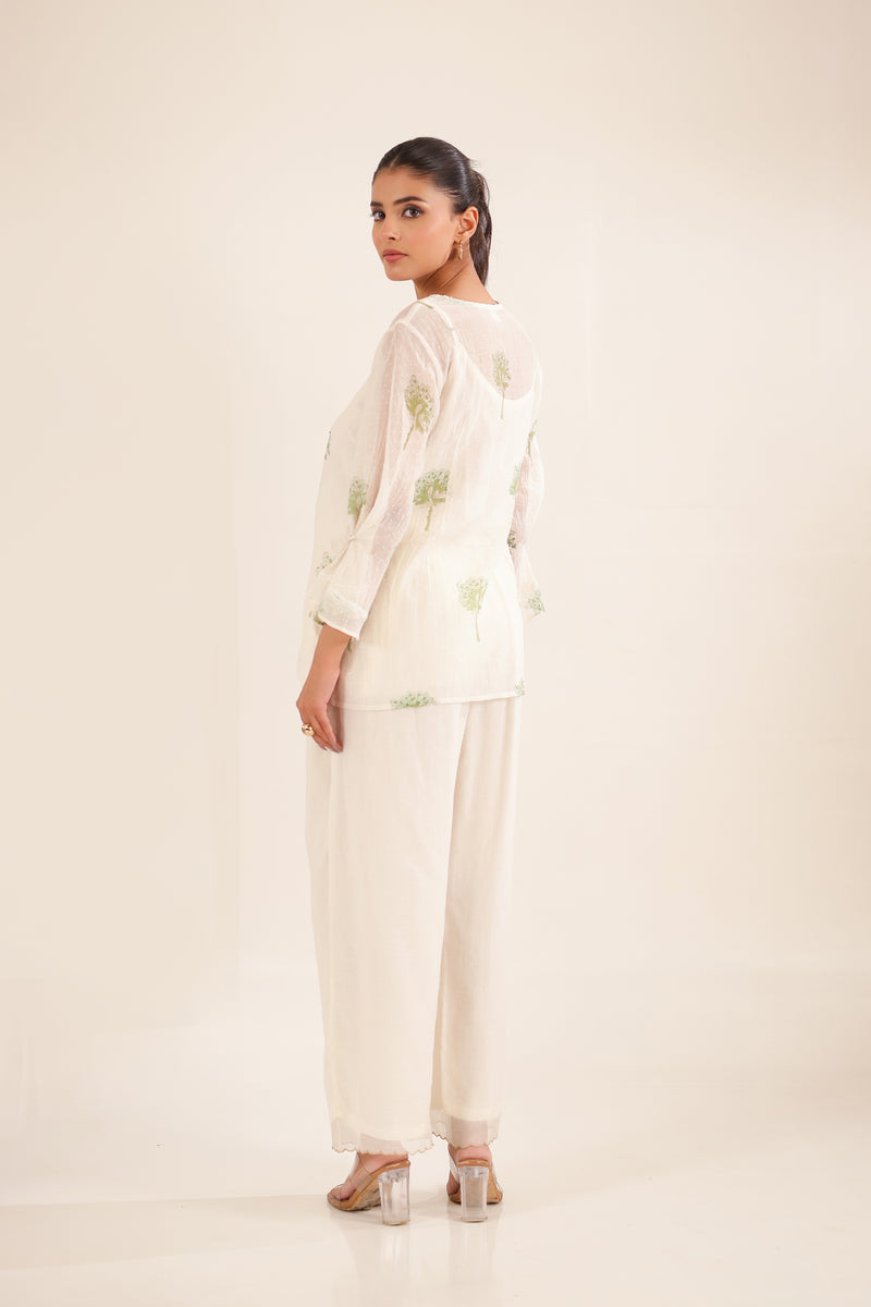 White Green Block Print Top And PALAZZO