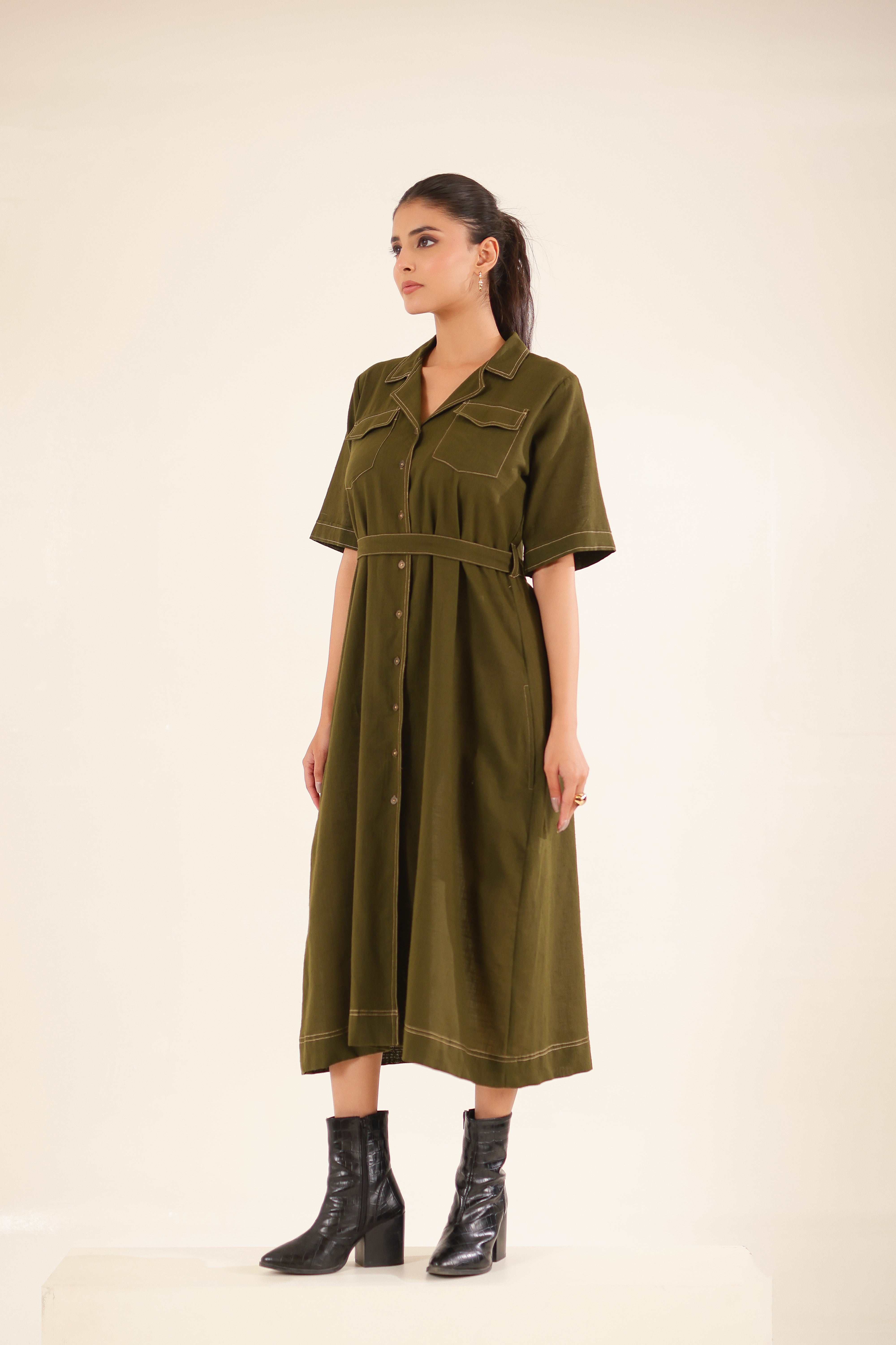 Olive Green front open button down Dress