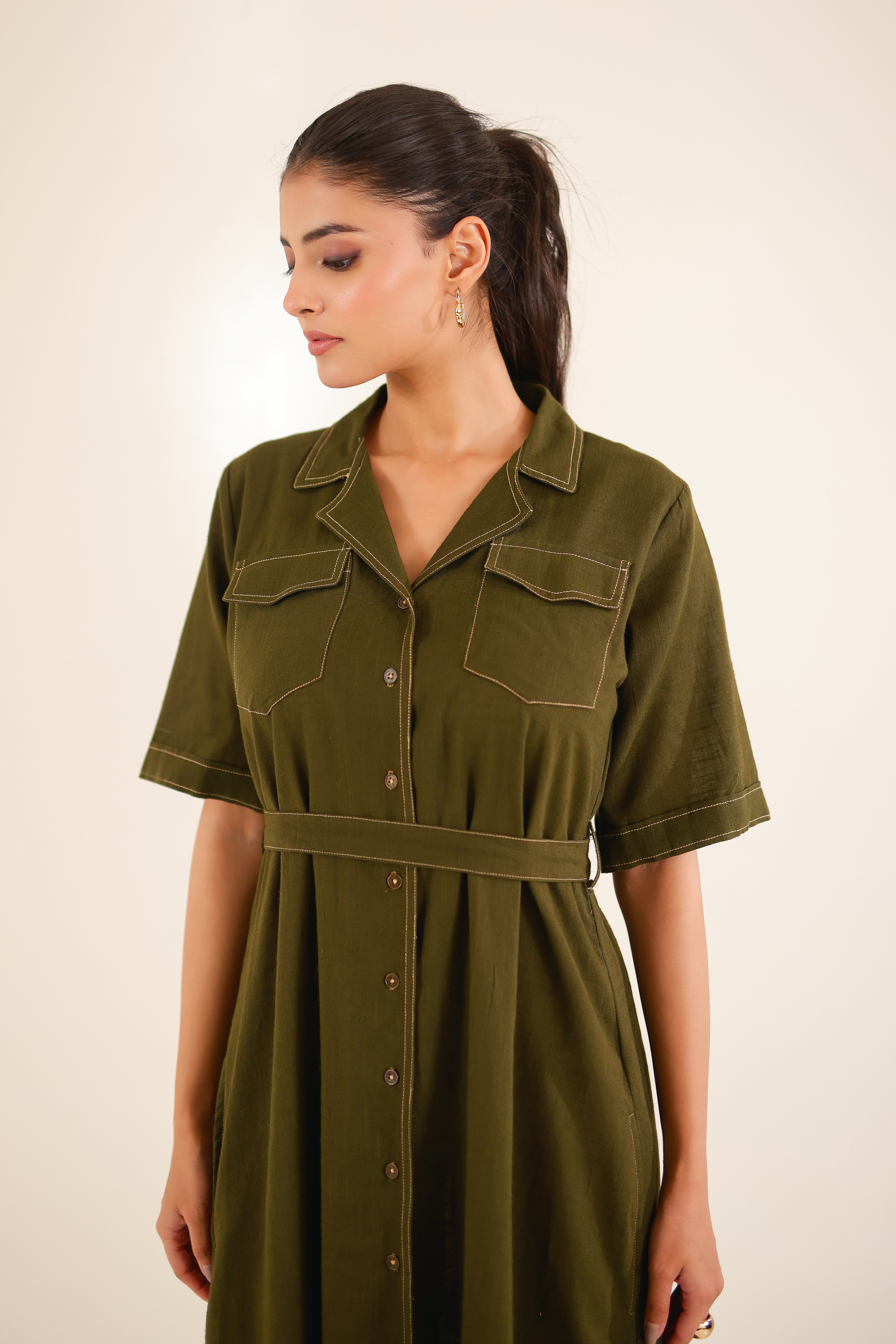 Olive Green front open button down Dress