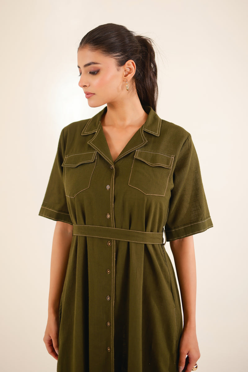 Olive Green front open button down Dress
