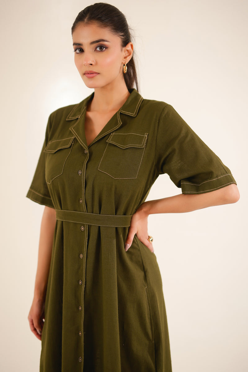 Olive Green front open button down Dress