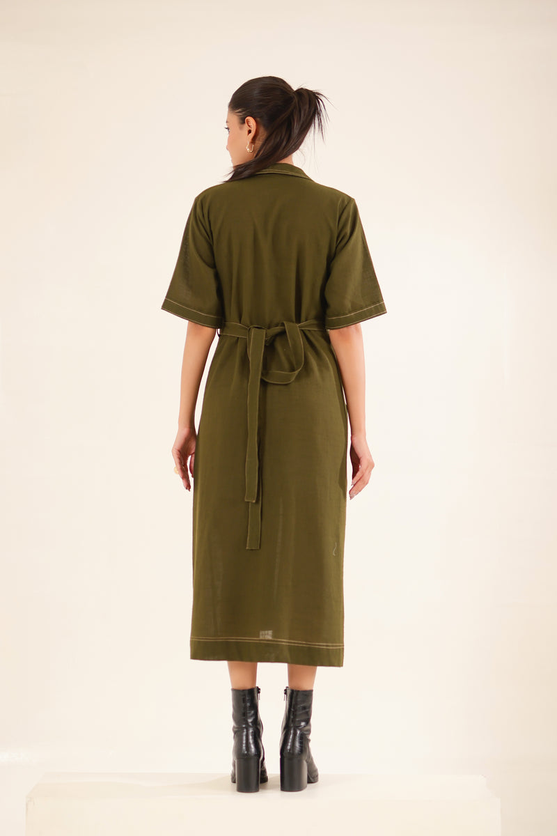 Olive Green front open button down Dress