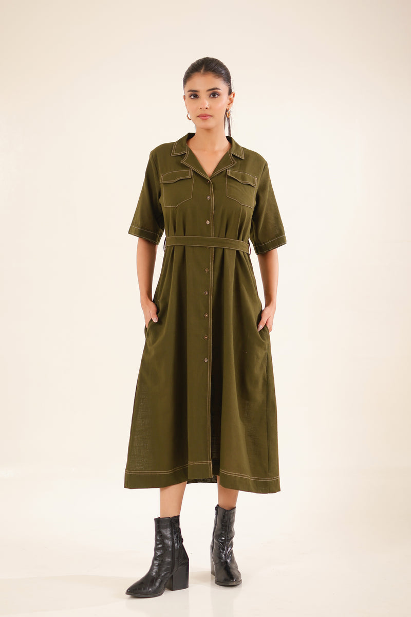 Olive Green front open button down Dress