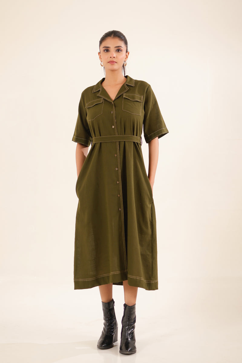 Olive Green front open button down Dress