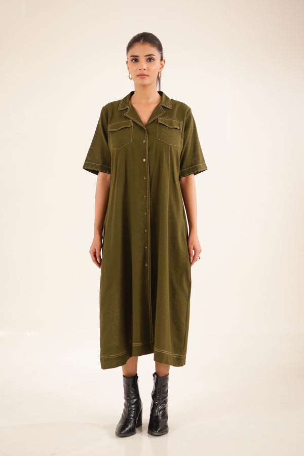 Olive Green front open button down Dress