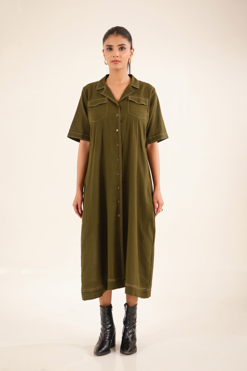 Olive Green front open button down Dress