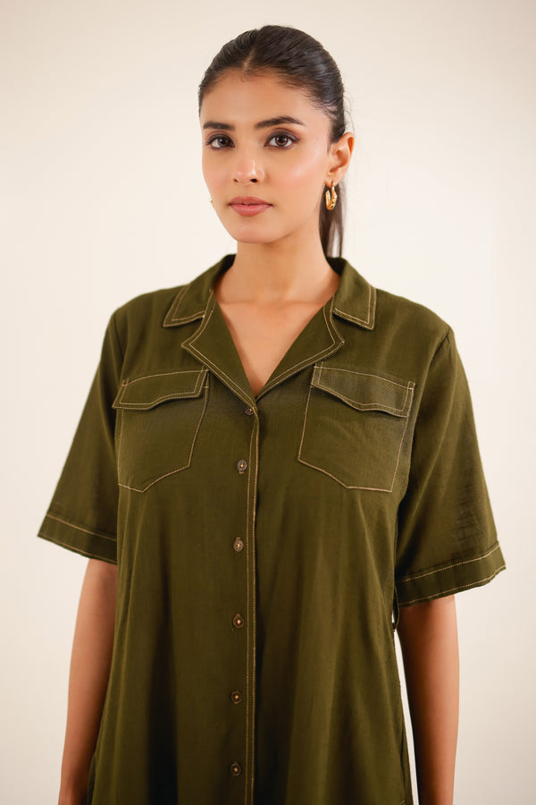 Olive Green front open button down Dress