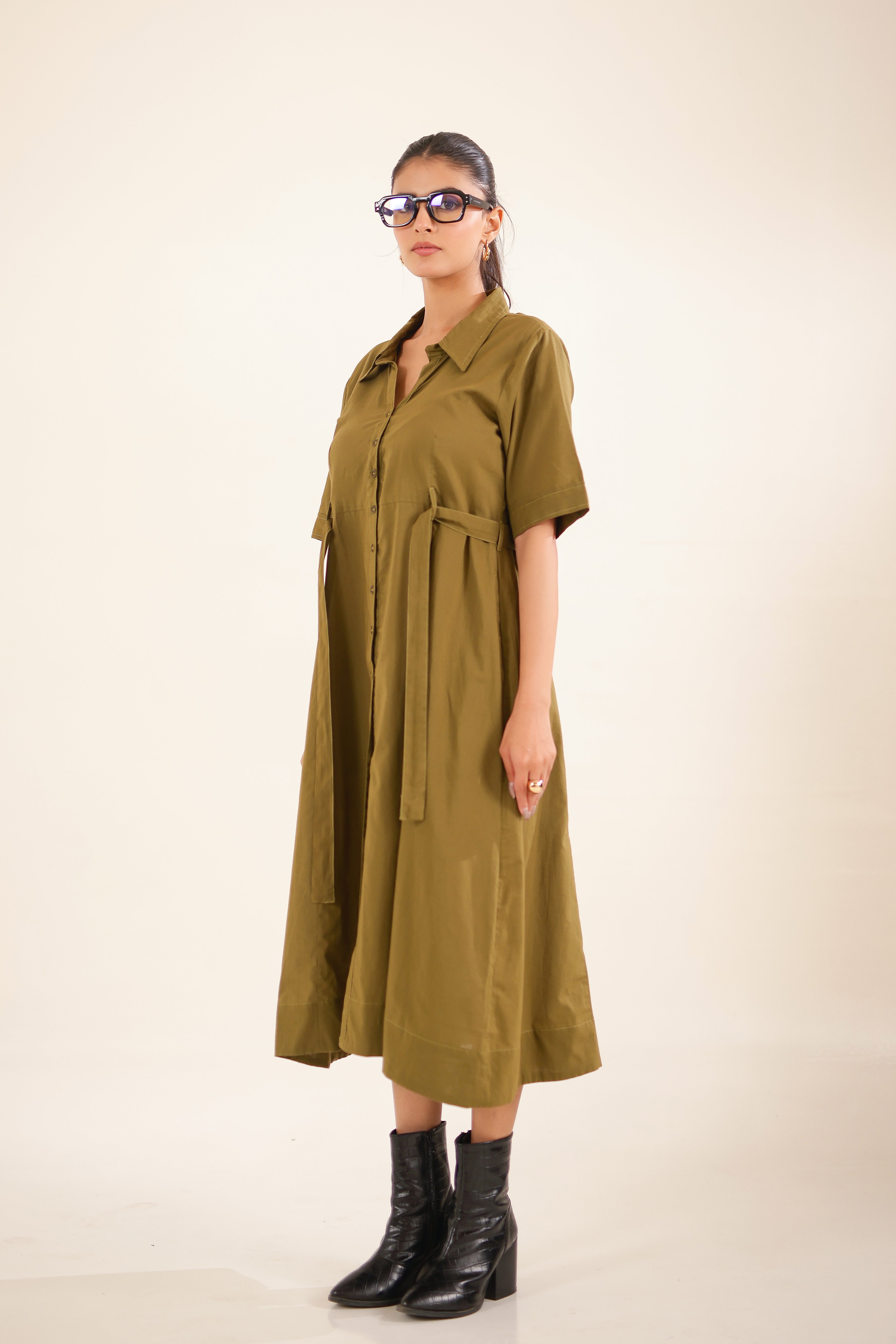 Olive Green Front Open Dress