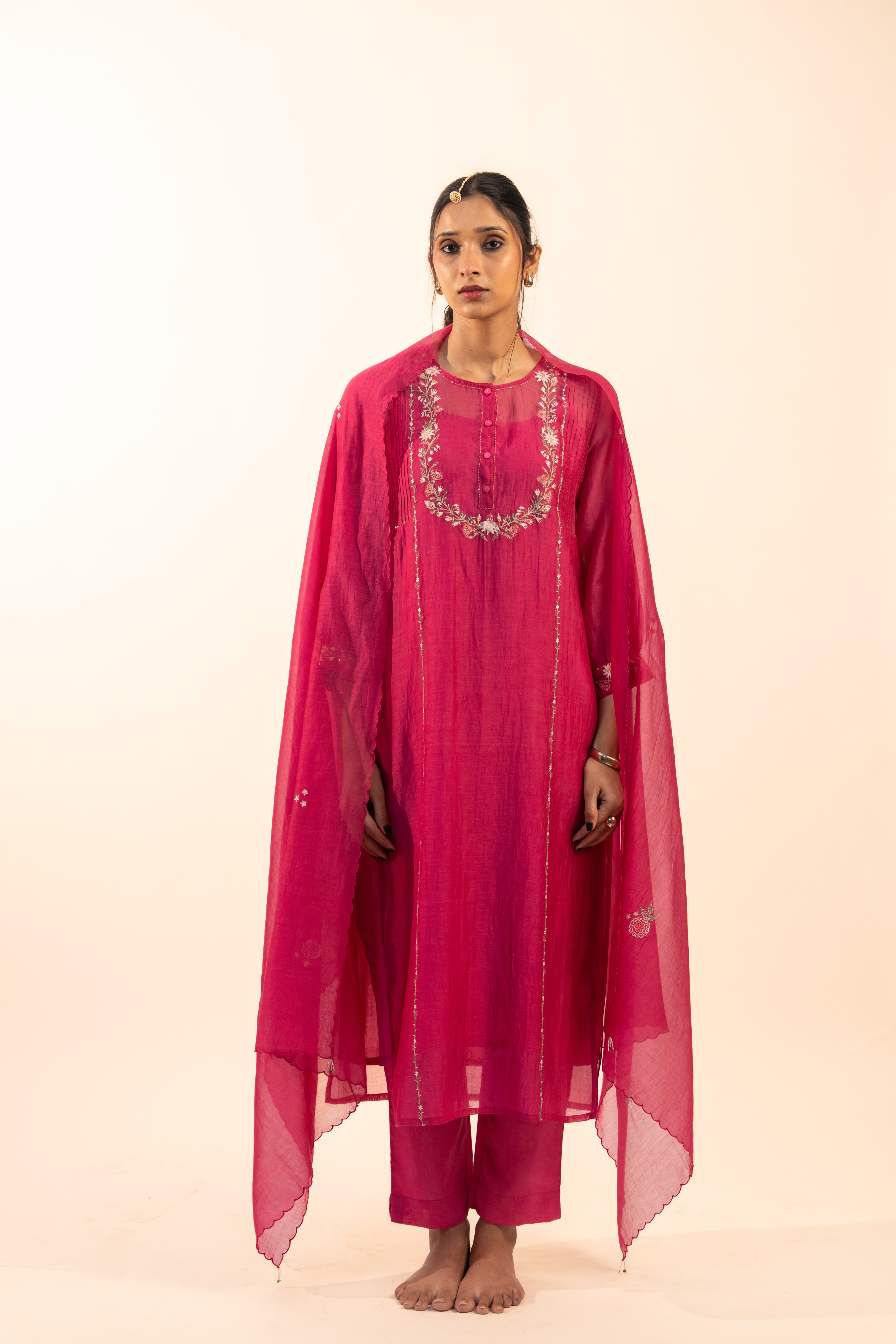 Hot pink camellia kurta set with duppata
