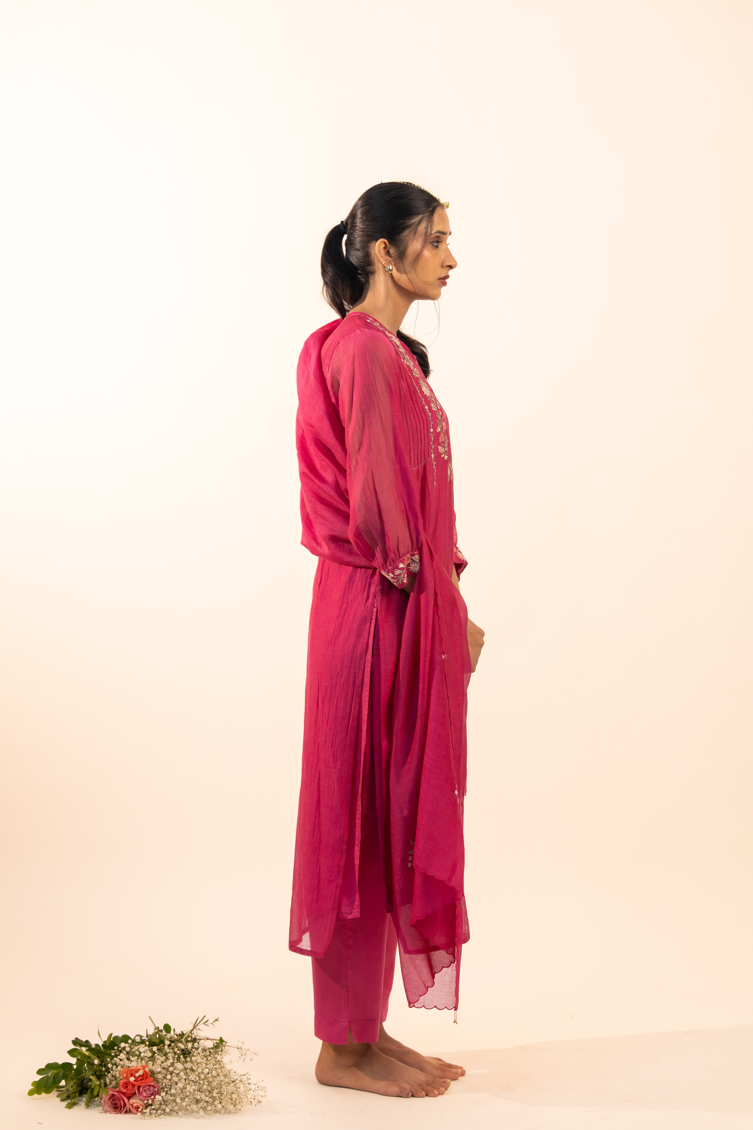 Hot pink camellia suit set with duppata