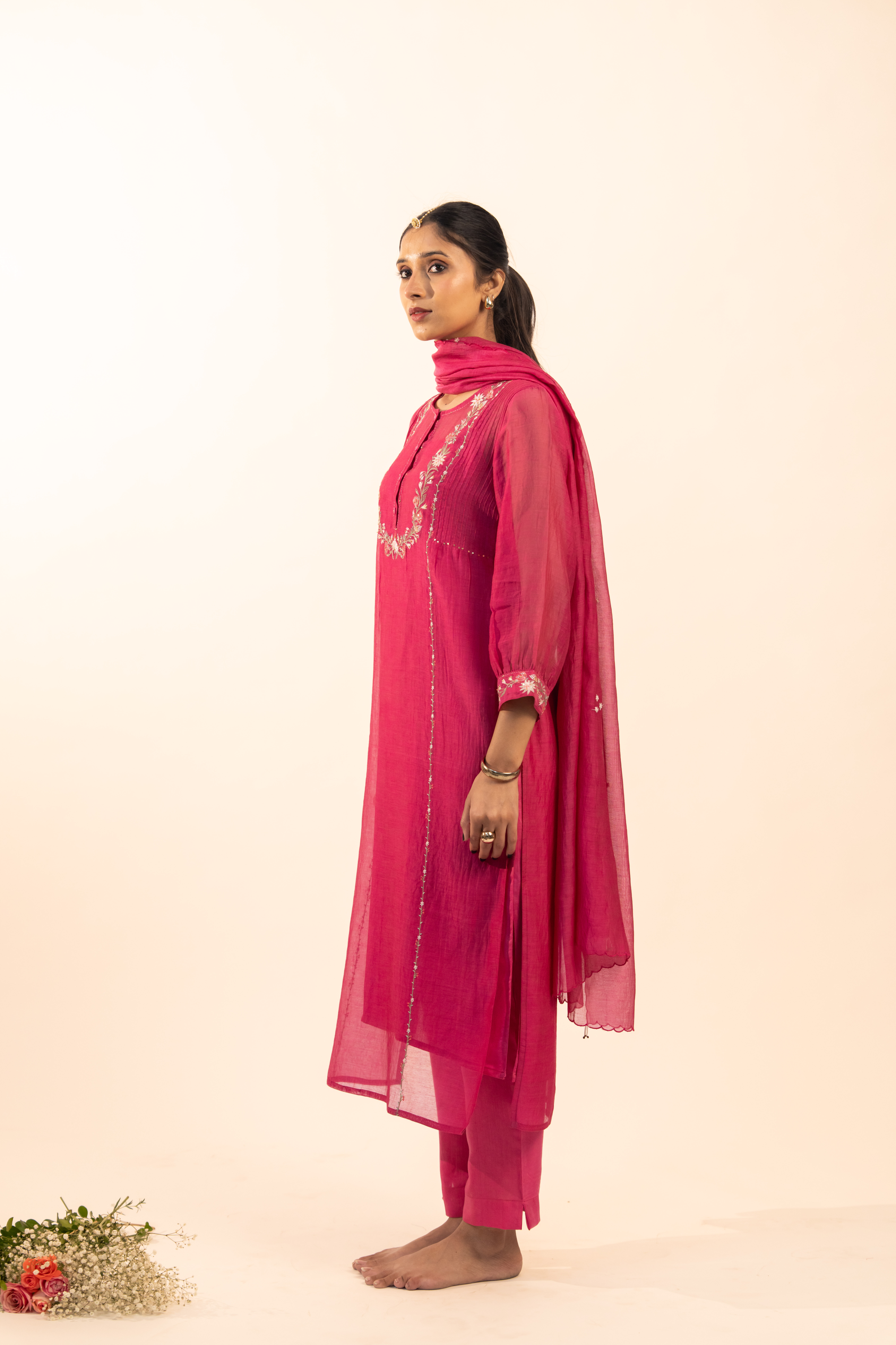 Hot pink camellia suit set with duppata