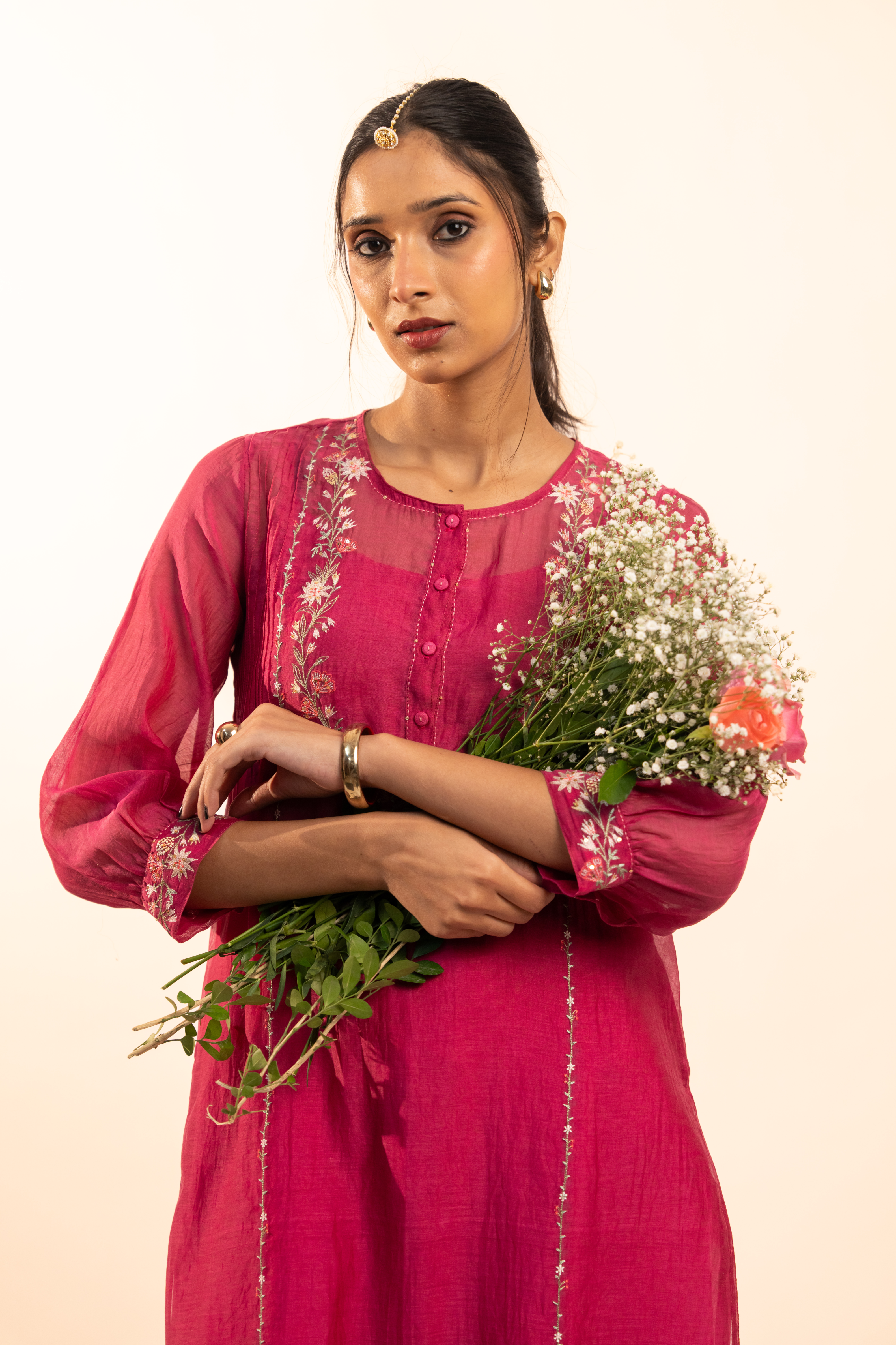 Hot pink camellia suit set with duppata