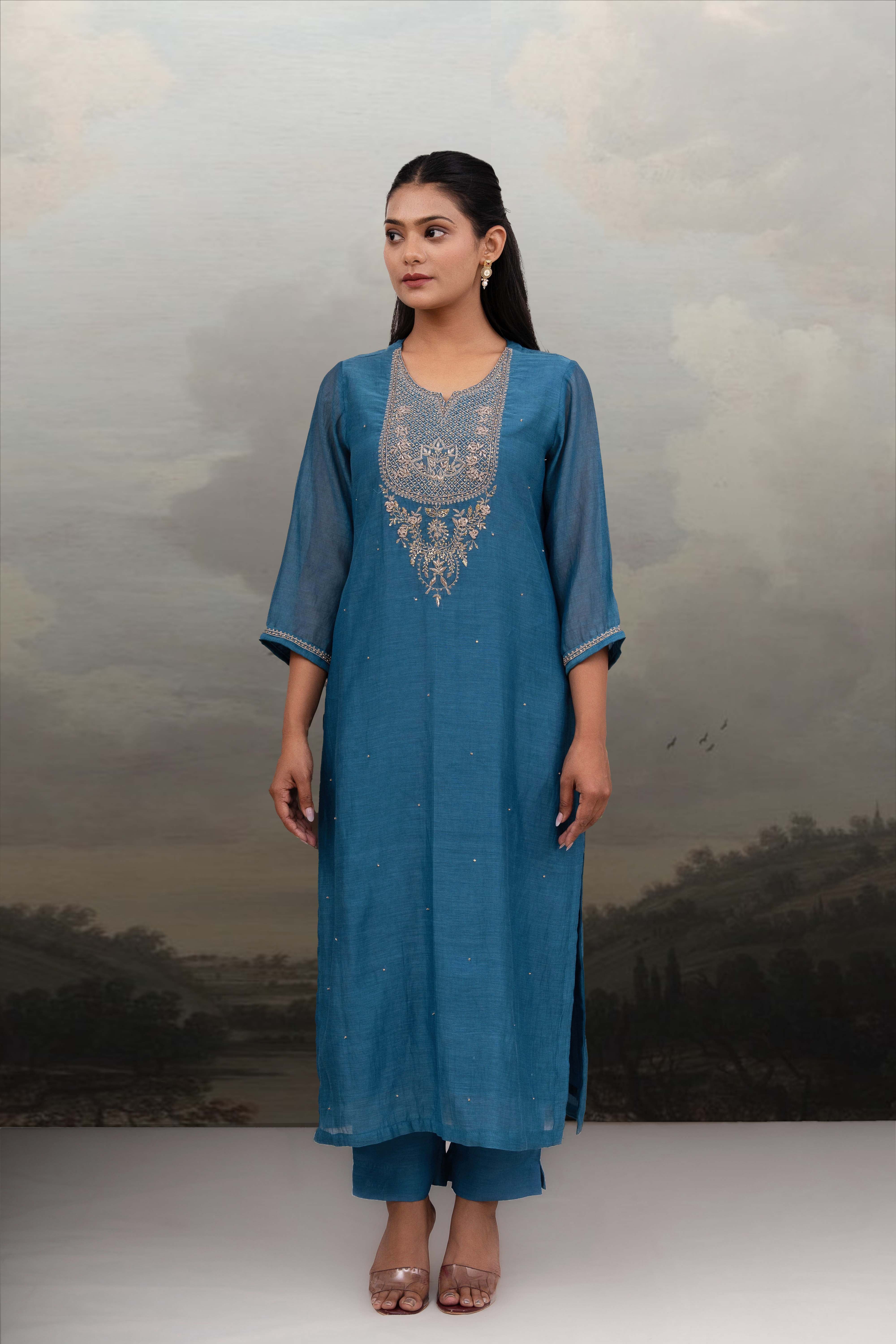 Turquoise paach patti zardosi kurta suit set