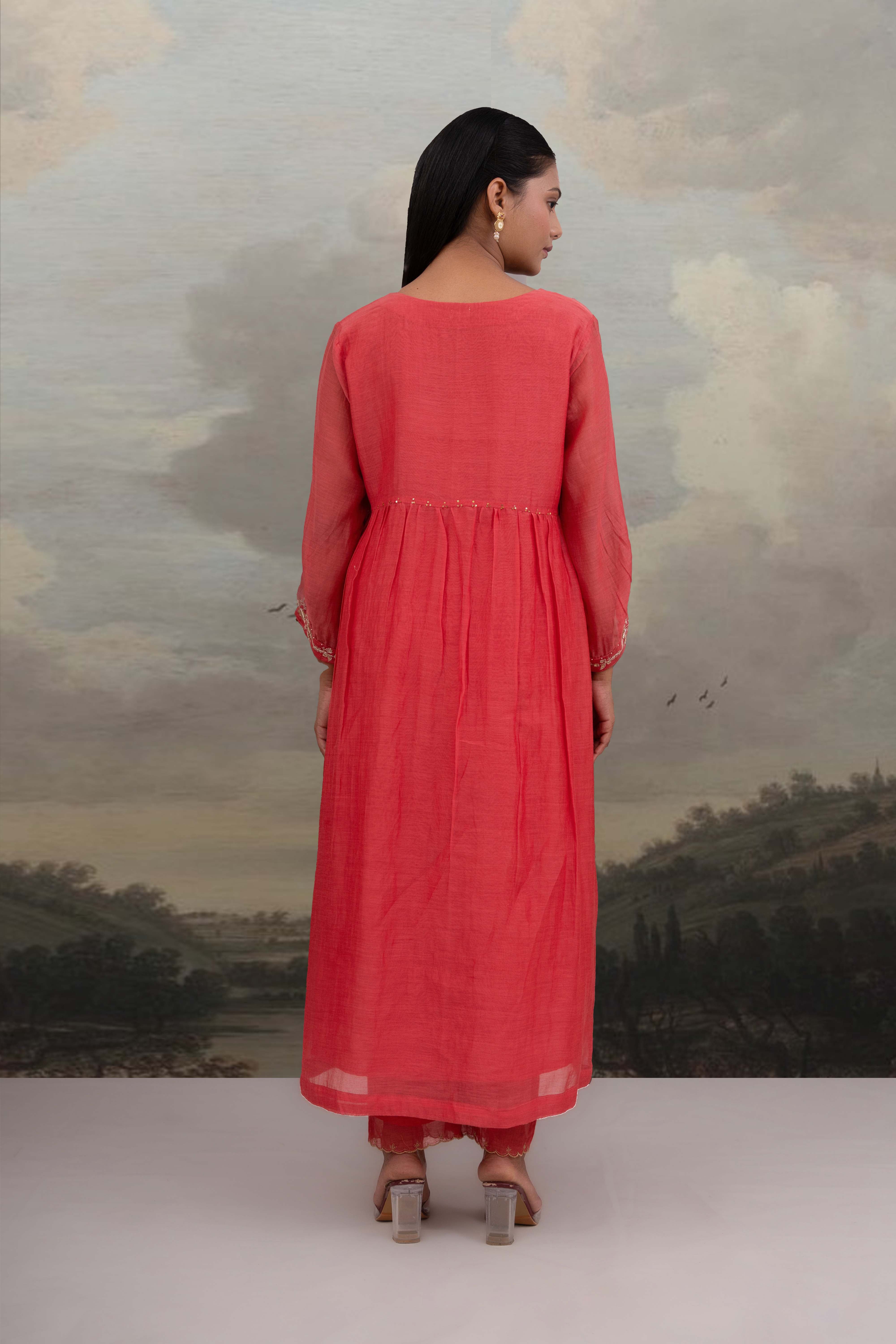 Coral pink Rose gold Zardosi kurta set