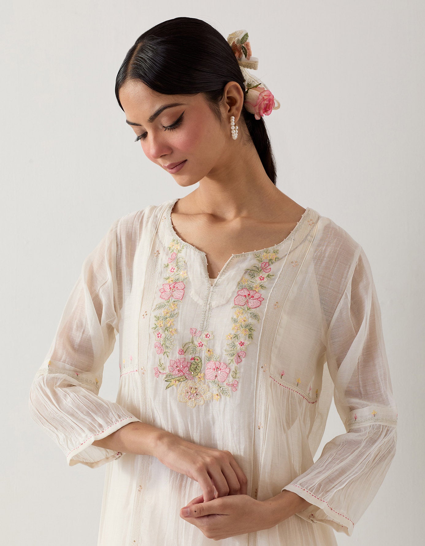 White Parrot and peonies kurta set with dupatta